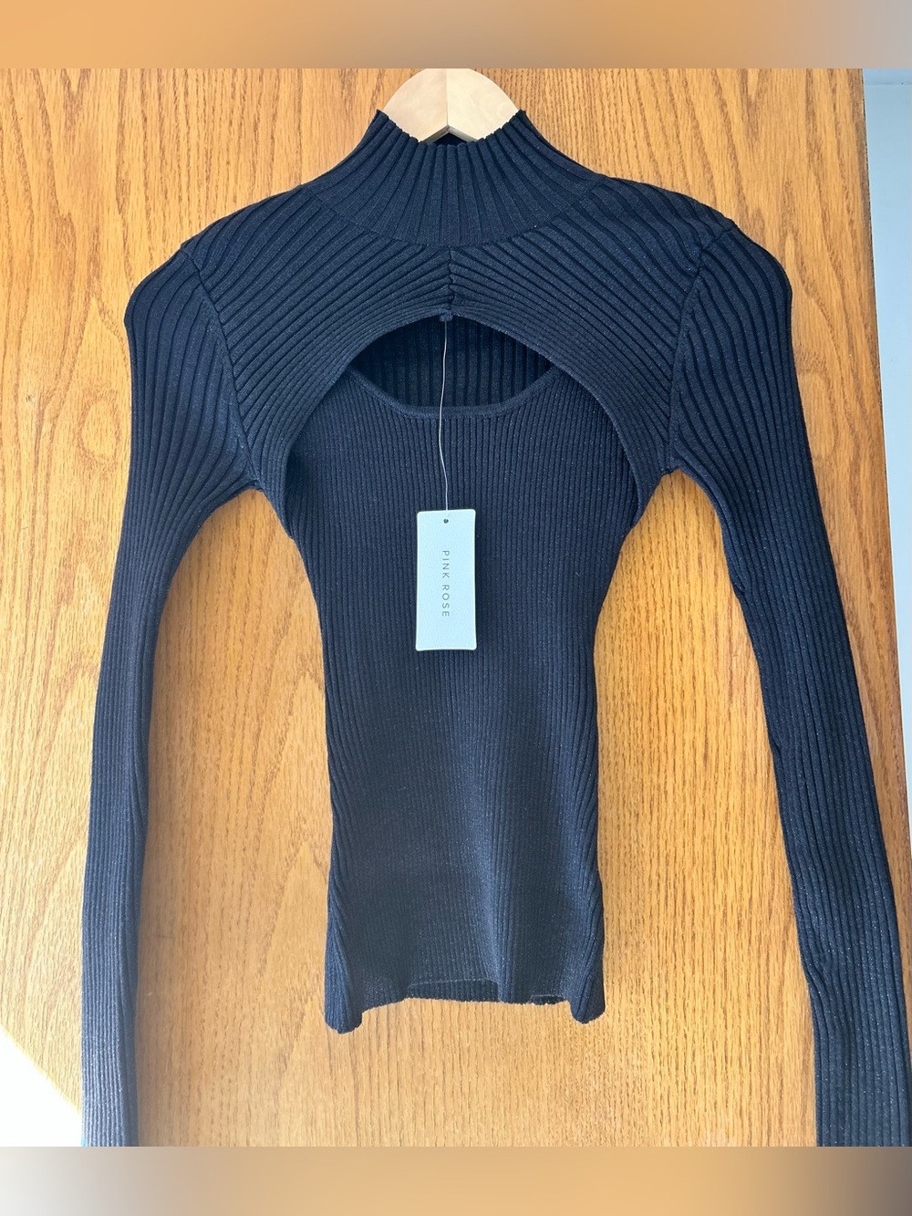 Pink Rose Black Ribbed Long-Sleeve Cutout Mock Neck Top